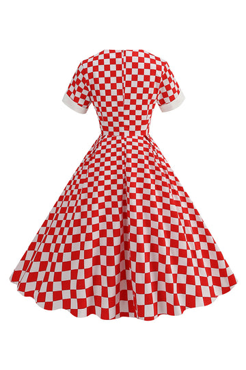 A Line Red Plaid Vintage 1950s Dress with Short Sleeves